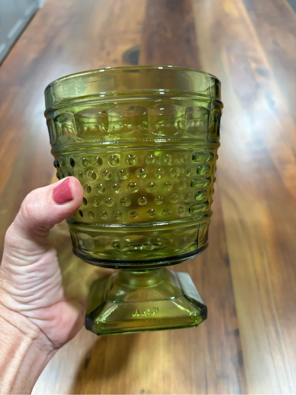 Vintage Napco Olive Green Glass Hobnail Vase Planter MCM Goblet Made in USA